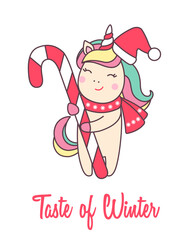 Greeting holiday card with cute Unicorn in Santa Claus hat with candy cane for Merry Christmas and New Year design.