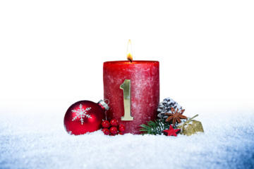 first sunday of advent red candle with golden metal number one red decoration one on  snow isolated background