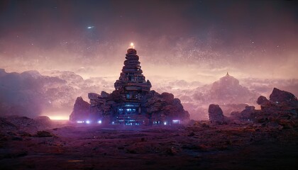 Ancient space architecture. Dark night fantasy landscape, light portal, stone structure. Neon light, rays, unknown planet. 3D illustration
