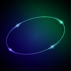 Neon Frame with Glow, and Sparkles. Electronic Luminous Oval Frame in Blue and Green Colors, for Entertainment Message or Promotion Theme on Dark Background