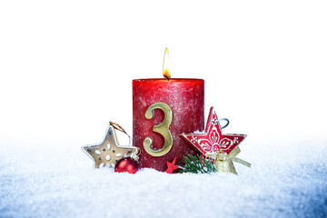 third sunday of advent red candle with golden metal number three red decoration one on  snow...