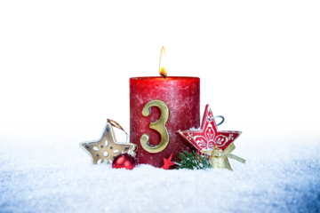 third sunday of advent red candle with golden metal number three red decoration one on  snow isolated background
