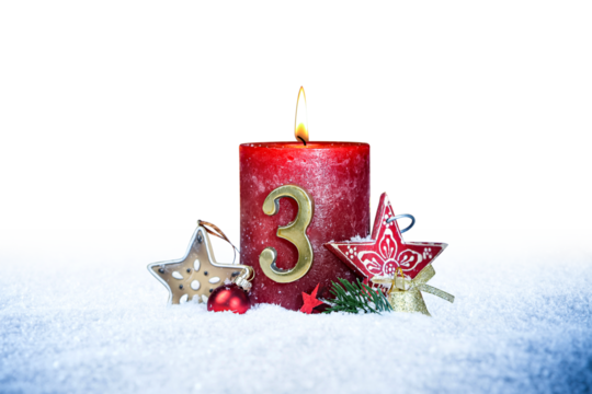 third sunday of advent red candle with golden metal number three red decoration one on  snow isolated background - Powered by Adobe