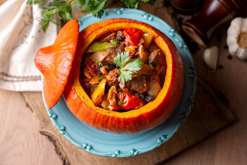 Stuffed pumpkin stew with meat and vegetables. Turkish name; bal kabagi dolmasi