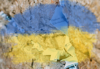 Notes on the Wailing Western in Jerusalem Israel. Peace in Ukraine written in one of the notes with Ukrainian flag blended