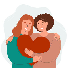A couple of women with a heart in their hands. Lesbian lovers hug each other. The concept of tolerance, rights, equality. Vector graphics.