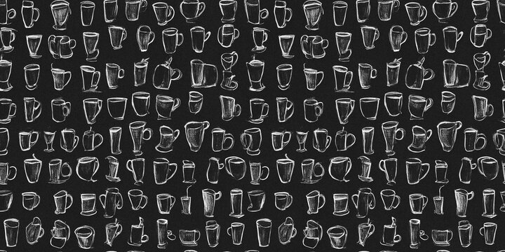 Seamless pattern for decorating coffee shops and cafes - mugs carelessly drawn in chalk on a dark background. Black and white repeatable texture hand-drawn glasses and jugs on a dark gray background.