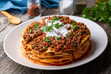 Turkish Food Kayseri Yaglama with Minced Meat, Yogurt and Tomato Paste