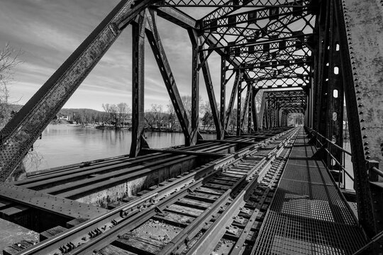 Warren Pennsylvania Allegheny River Train Bridge Old Town Black and White