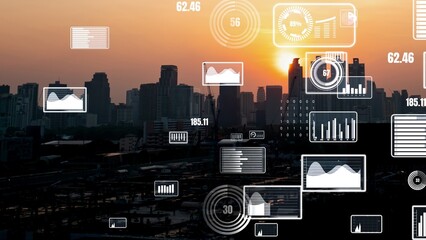 Business data analytic interface fly over smart city showing alteration future of business intelligence. Computer software and artificial intelligence are used to analyze big data for strategic plan .