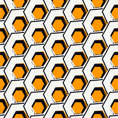 Paint brush hexagons. Hand drawn honeycombs background. Hexahedrons wallpaper. Hives motif. Geometric backdrop. Ethnic digital paper. Web designing. Textile print. Seamless pattern