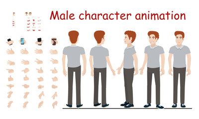 Male character for animation. View from the front, side and three quarters. Hands in different positions, facial expressions.