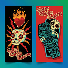 hand drawn dia de muertos vertical banners set vector design illustration