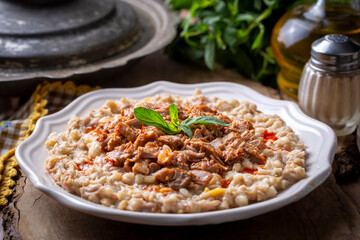 Traditional turkish food, made of meat and wheat, delicious ramadan food (Turkish name; Keskek)