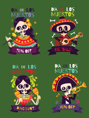 hand drawn dia de muertos sale labels collection vector design illustration