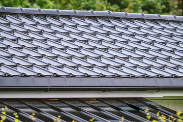 Wet metal grey roof after rain, close up photo