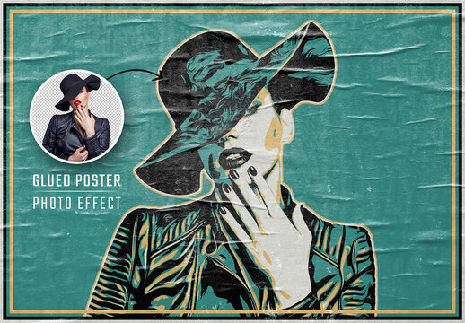 Vintage Vector Art Photo Effect Mockup with Glued Poster Texture