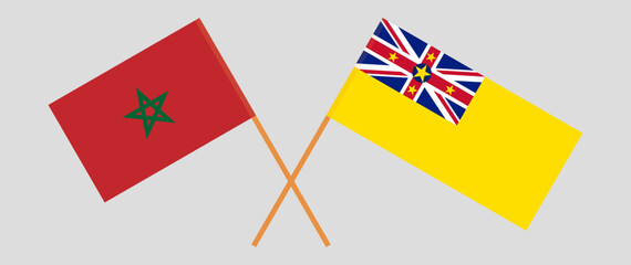 Crossed flags of Morocco and Niue. Official colors. Correct proportion