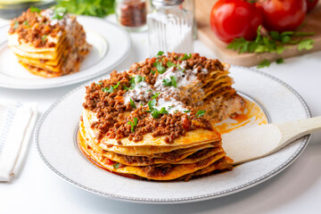 Turkish Food Kayseri Yaglama with Minced Meat, Yogurt and Tomato Paste