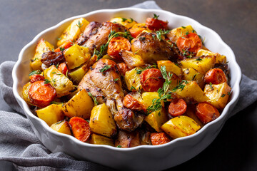 Baked chicken thighs and fried potatoes look delicious.