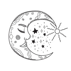 Magic crescent moon with a face and closed eyes for tarot, astrology, magic. Esoteric vector illustration isolated on white background.