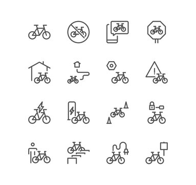 Set of bicycle and transportation icons, bike parking, repair, outdoor riding, and linear variety vectors.