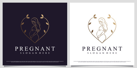 Women pregnant logo design template with heart shaped and leaf element concept