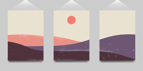 Vector illustration. Hills with moon or sun. Wall design with light. Set of evening or morning landscape.