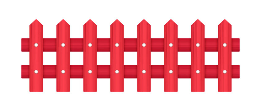 Vector red wooden fence isolated on white background. Garden enclosure illustration. Wood board silhouette construction. Timber gate seamless pattern. Farm fence, front view. 3D village palisade