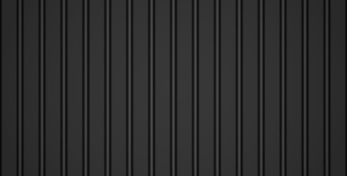 Black vertical lines plastic siding realistic texture. Dark metal striped roof sheet, seamless pattern. Gray corrugated fence background. Line industrial wall panel. Horizontal roofing banner