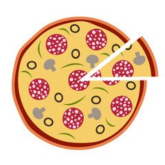 simple round pizza with salami and mushroom and cut slice