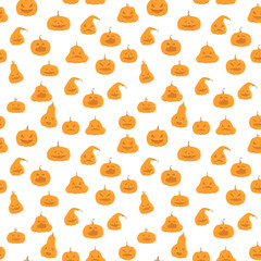 Seamless vector pattern of pumpkins for halloween decor. Illustration on a white background. Orange pumpkins with facesfor print, decoration, web, sites, design