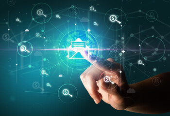 Businessman hand pressing stock graphic information on multitouch screen