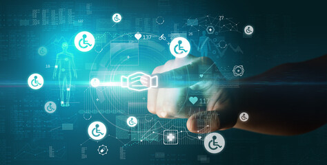 Doctor hand pressing futuristic health device with medical symbol on screen