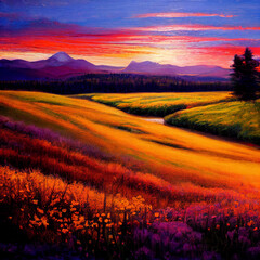 Beautiful sunset landscape of mountains and fields with flowers at sunset. High quality illustration