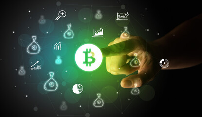 Businessman finger touching on screen multimedia interface with hand drawn currency icons