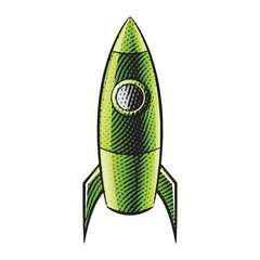 Scratchboard Engraved Illustration of a Rocket with Green Fill