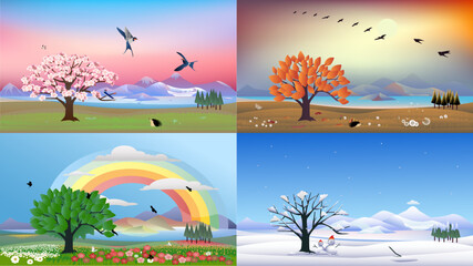 4 seasons landscape with trees, mountains, birds, flowers 
