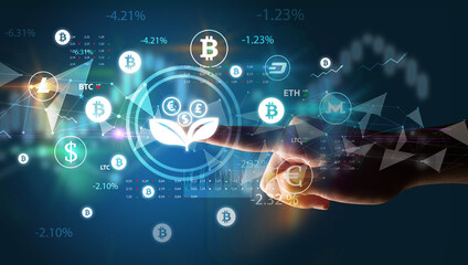 Business person hand pushing currency symbol on multimedia touch screen