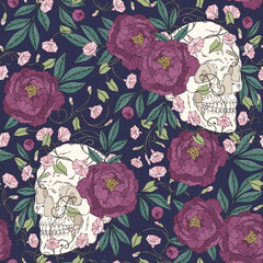 Vector seamless pattern with human skull and flowers. Hand drawing. Vector background for printing on fabric and other surfaces - 540346009