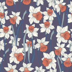 Floral seamless vector pattern with narcissus flowers. Vector background - 540346011