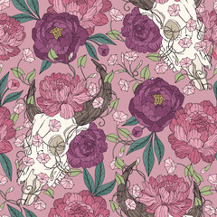 Vector seamless pattern with skulls and peonies. Hand drawing. Vector background for printing on fabric and other surfaces - 540346017