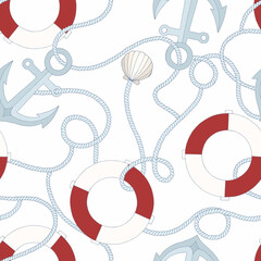 Marine pattern. Vector seamless pattern with lifebuoy and anchor. summer background - 540346020