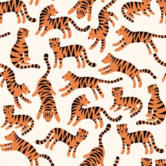 Tigers. Vector seamless pattern with tigers. Cute seamless background for baby clothes and textiles - 540346226