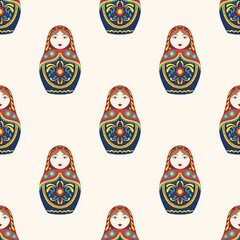 Russian folk doll. Traditional matryoshka doll. Vector seamless pattern. - 540346228