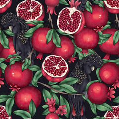 Pomegranate garden. Seamless pattern with pomegranates and parrots - 540346250