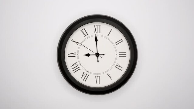The Time On The Clock Nine. White Wall Clock With Black Rim And Black Hands. 4k, ProRes