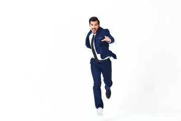 Fototapeta na wymiar Man business smile with teeth in costume running and jumping flying up open mouth happiness and surprise full-length on white isolated background copy space 