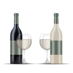 2 Glasses of White Wine and Wine Bottles