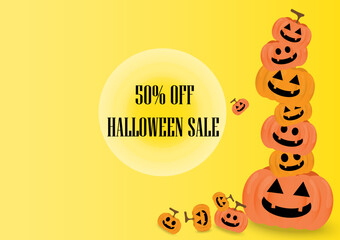 Happy halloween with text sale promotion poster, pumpkin on yellow background with empty space for design logo and content, website banner template, party invitation card.